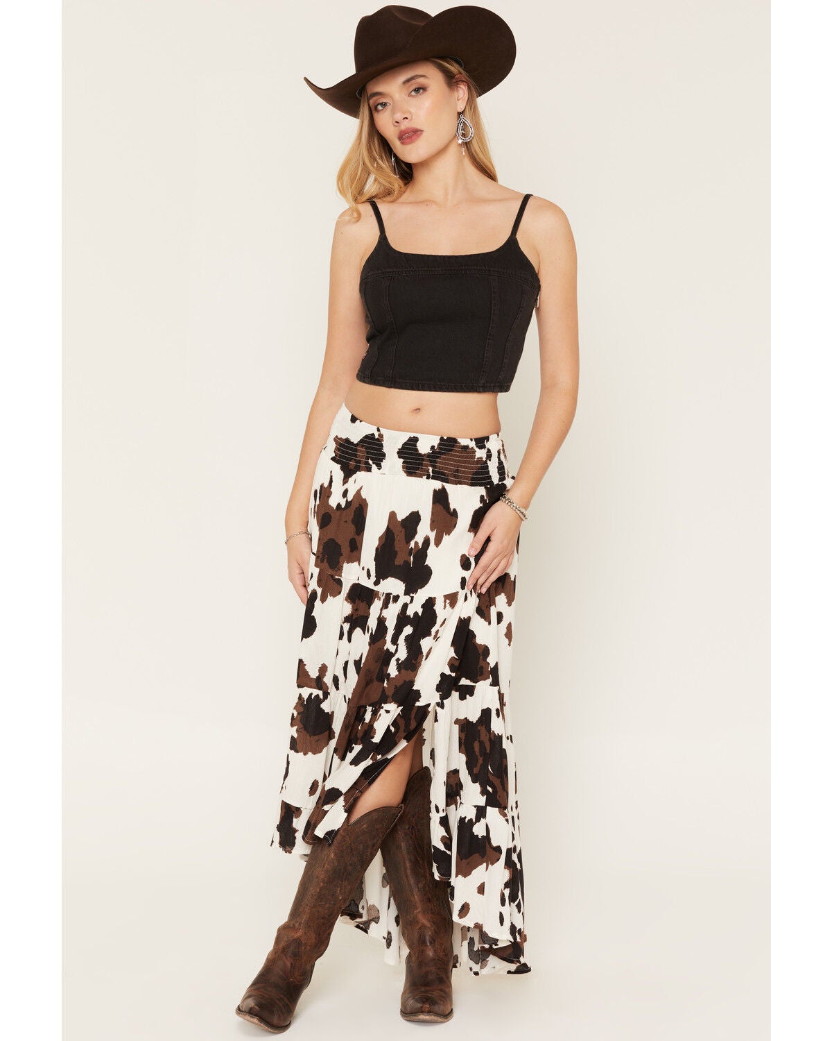 Wild Moss Women's Cow Print Tiered Front High Low Midi Skirt, Brown, hi-res