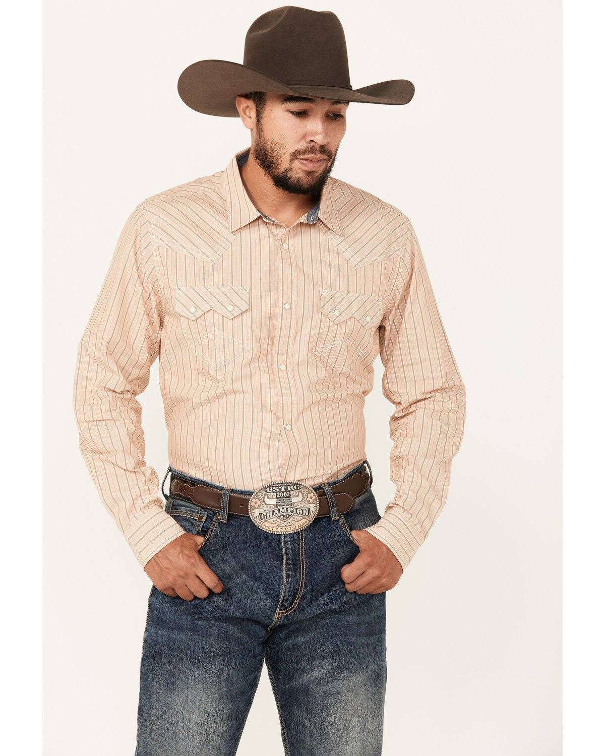 Cody James Men's Reckoning Striped Print Long Sleeve Snap Western Shirt, Tan, hi-res