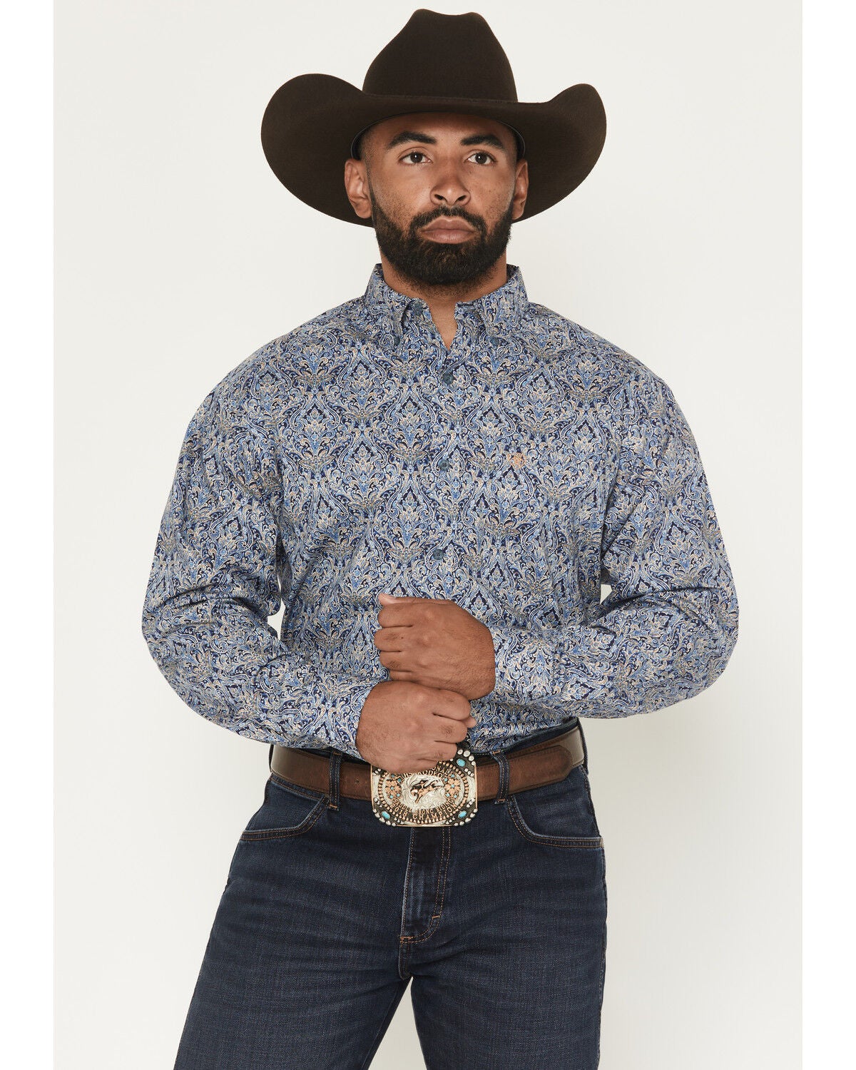 Ariat Men's Stoney Paisley Print Long Sleeve Button-Down Western Shirt - Tall, Blue, hi-res