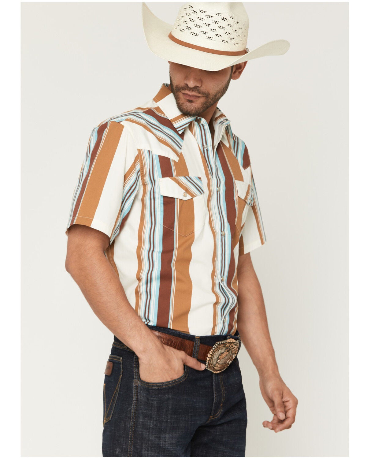 Image #1 - Gibson Trading Co Men's Retro Stripes Short Sleeve Snap Western Shirt - Big, Rust Copper, hi-res