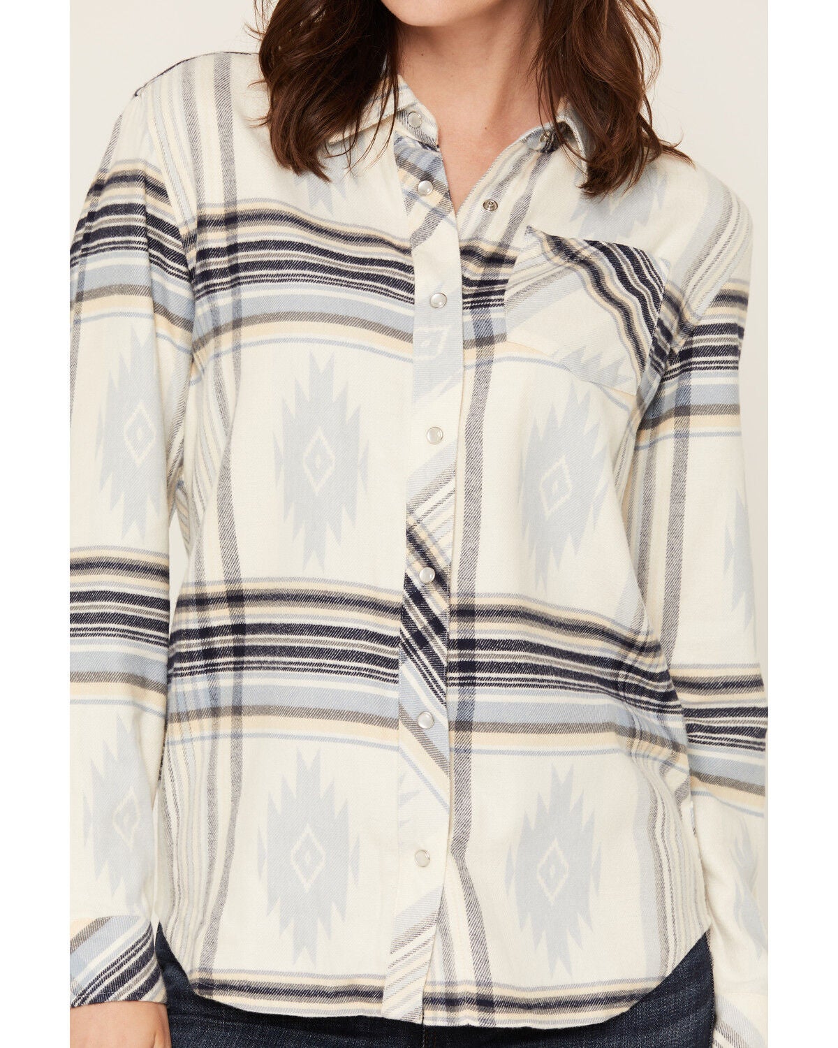 Image #3 - Idyllwind Women's Mayfair Southwestern Plaid Print Long Sleeve Pearl Snap Flannel Shirt, Dusty Blue, hi-res