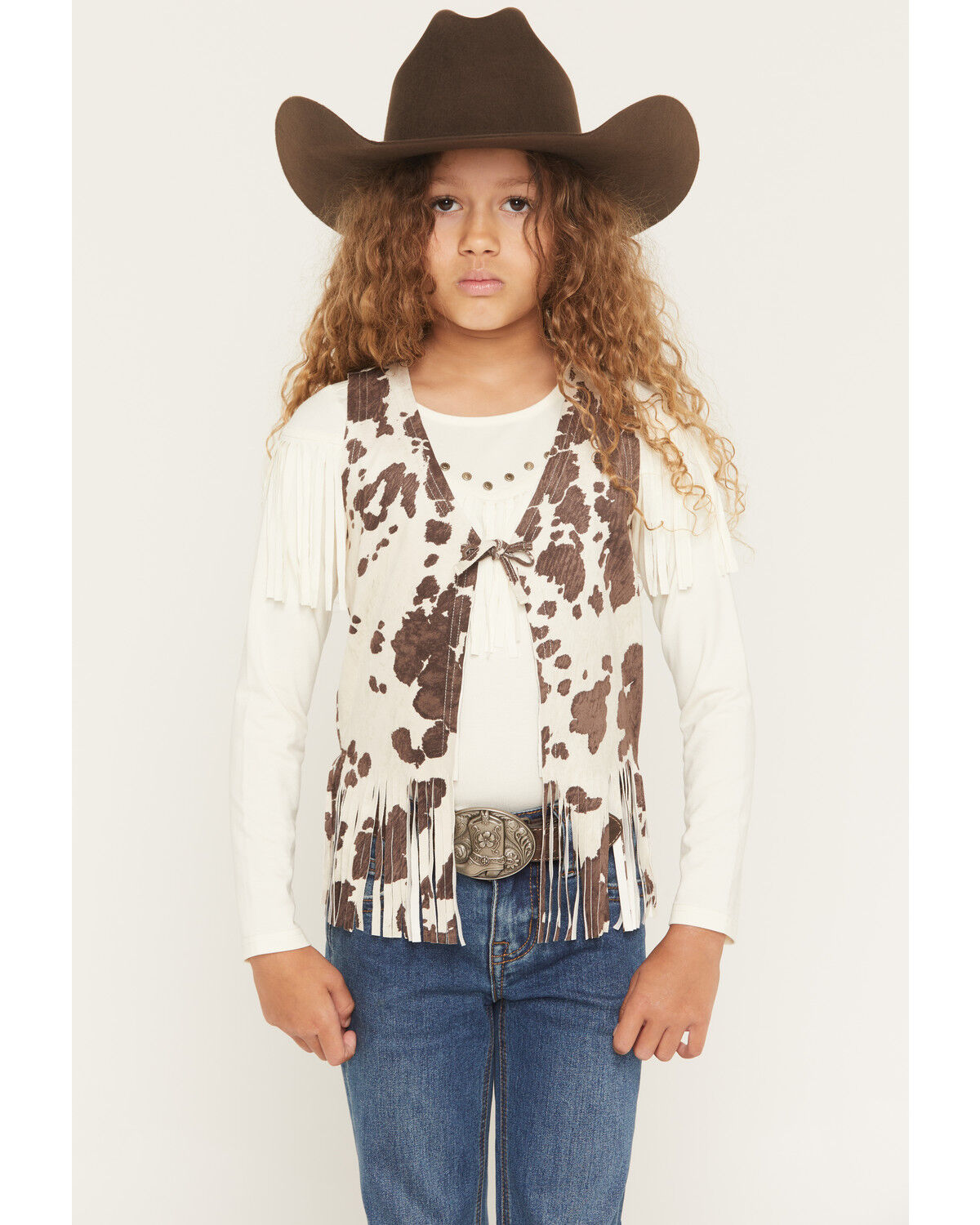 Image #1 - Shyanne Girls' Cora Cow Print Faux Suede Tie Vest, Brown, hi-res