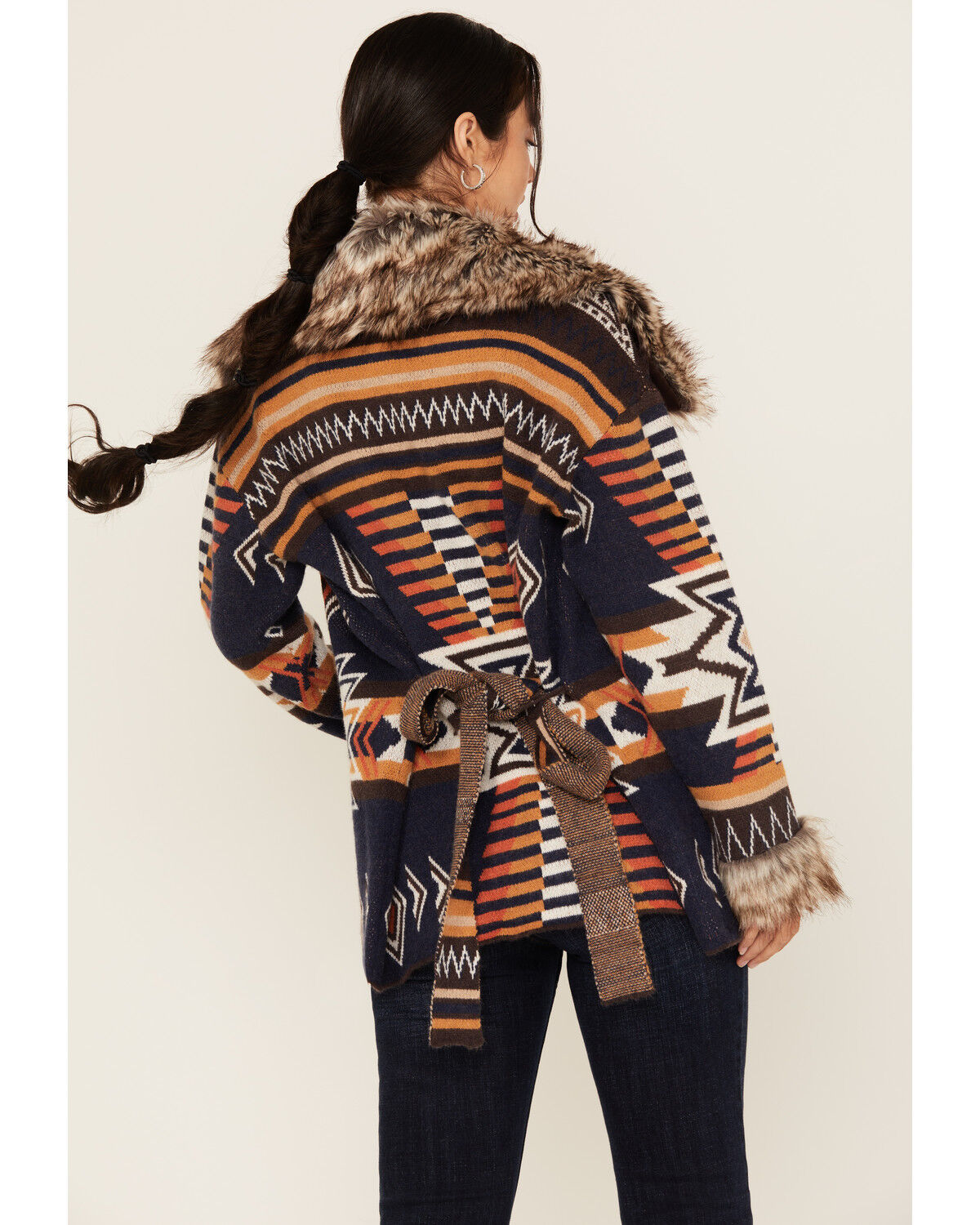 Image #4 - Shyanne Women's Faux Fur Trim Belted Sweater, Navy, hi-res