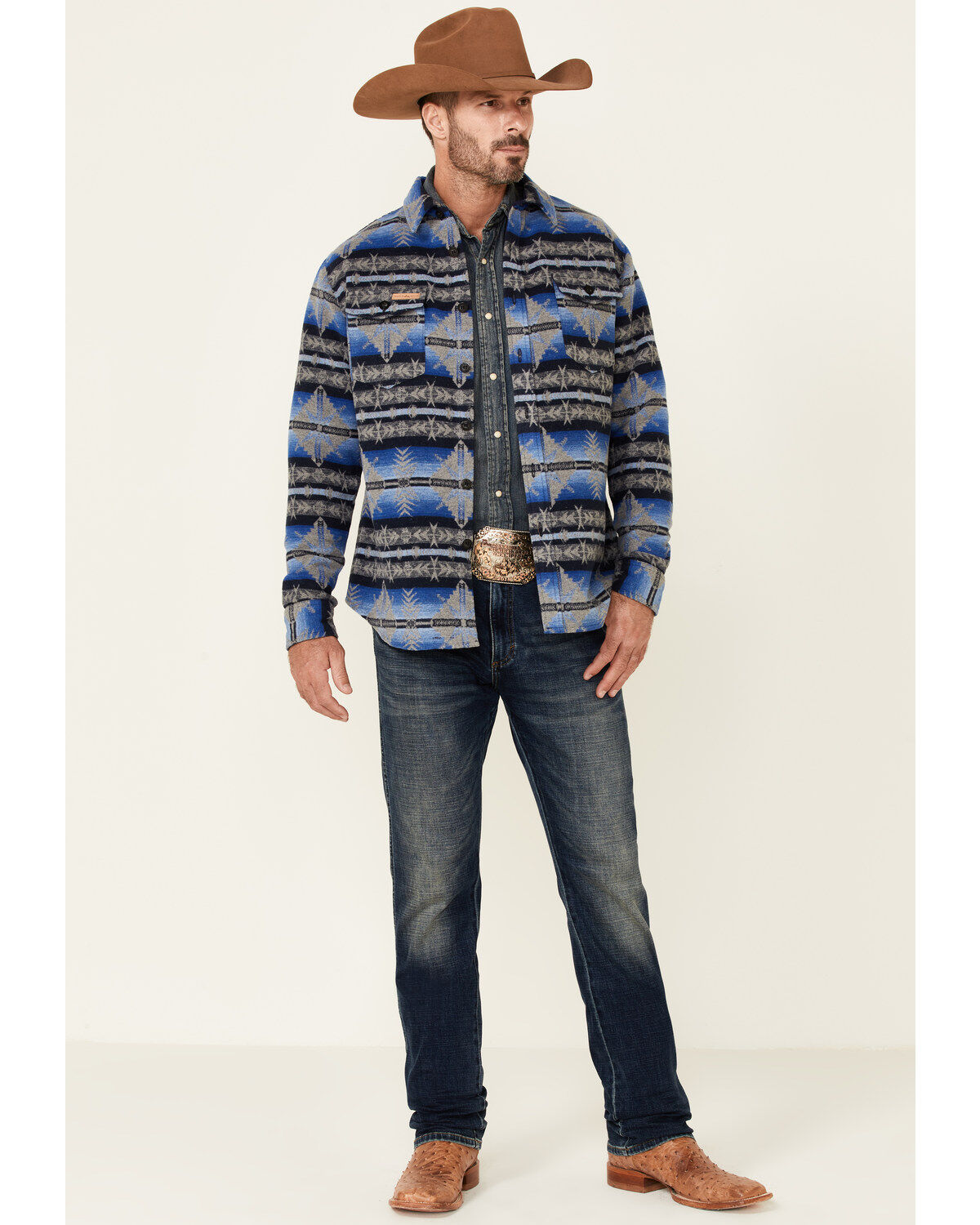 Image #2 - Powder River Outfitters Men's Blue Southwestern Print Button-Front Wool Shirt Jacket, Blue, hi-res