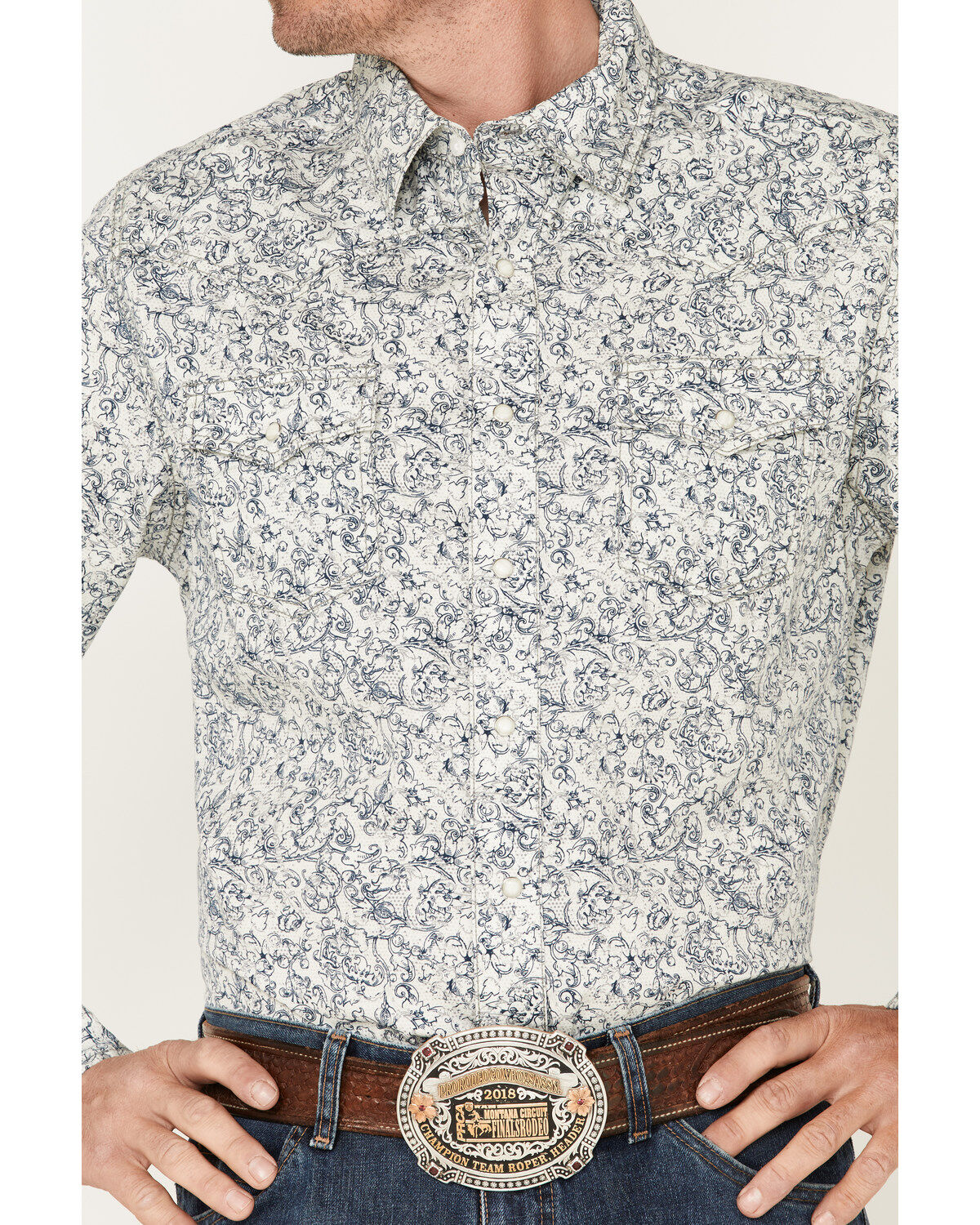 Image #3 - Wrangler Retro Premium Men's Paisley Print Long Sleeve Snap Western Shirt, Navy, hi-res