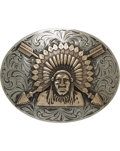 AndWest Men's Silver Sonoyta Vintage Indian Chief Buckle , Silver, hi-res