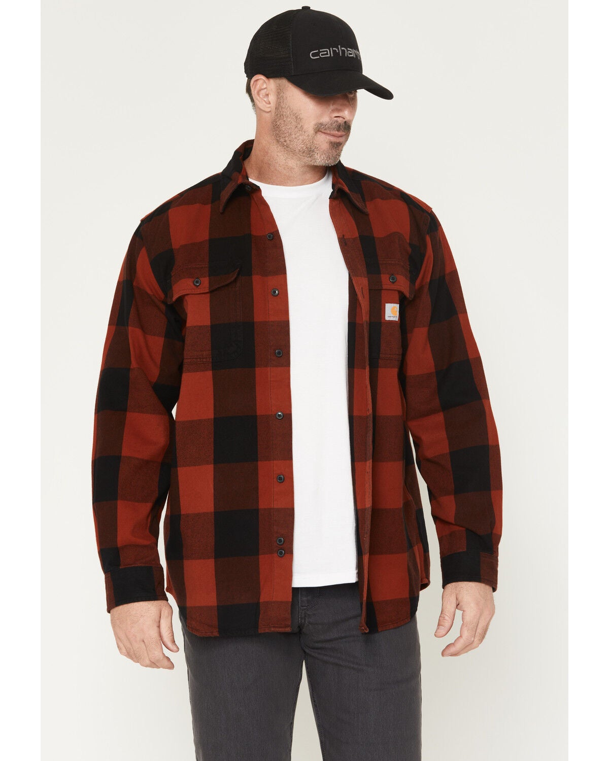 Carhartt Men's Heavyweight Plaid Print Long Sleeve Button-Down Flannel Shirt, Red, hi-res
