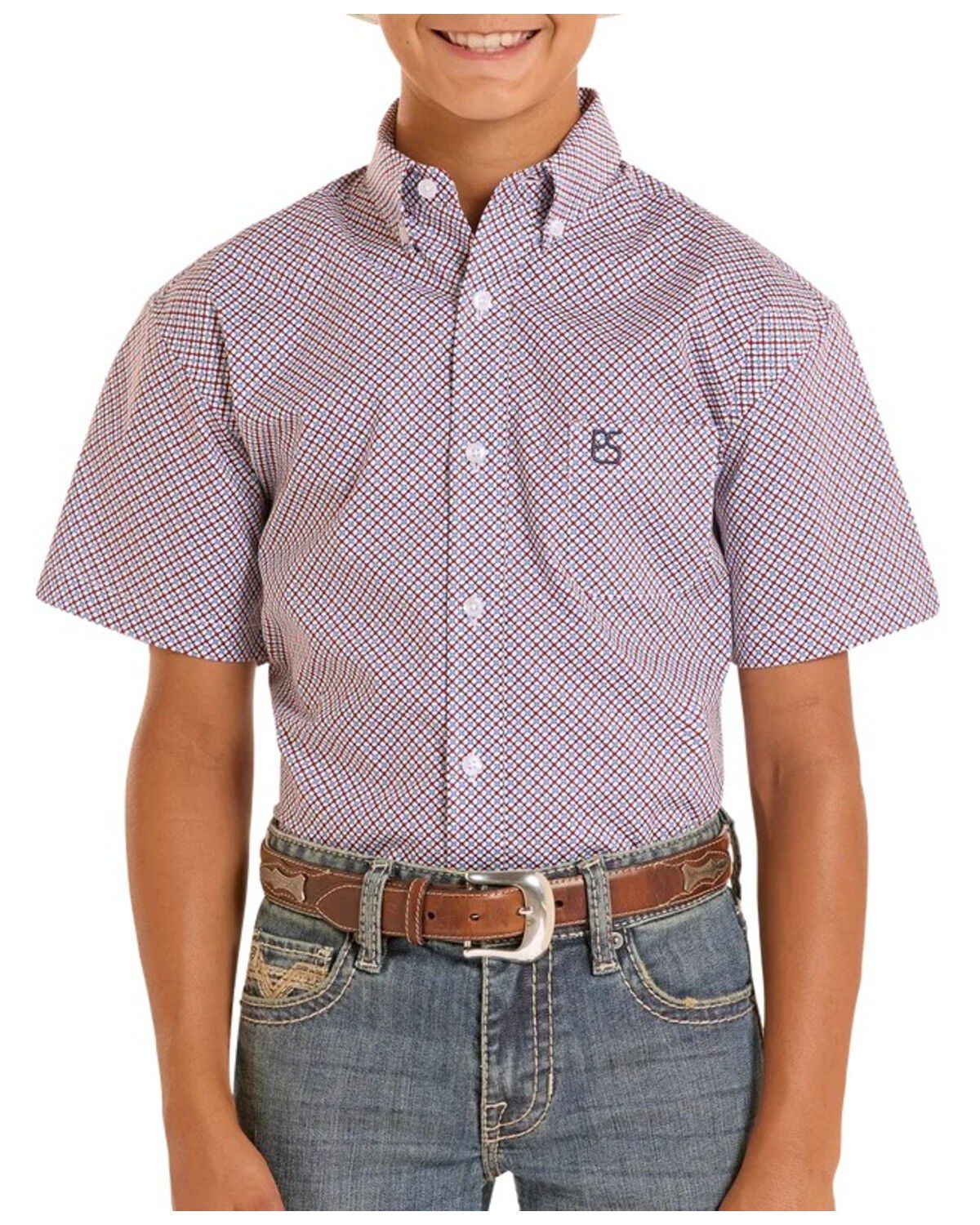 Panhandle Slim Boy's Geo Print Short Sleeve Button-Down Stretch Western Shirt, Red, hi-res
