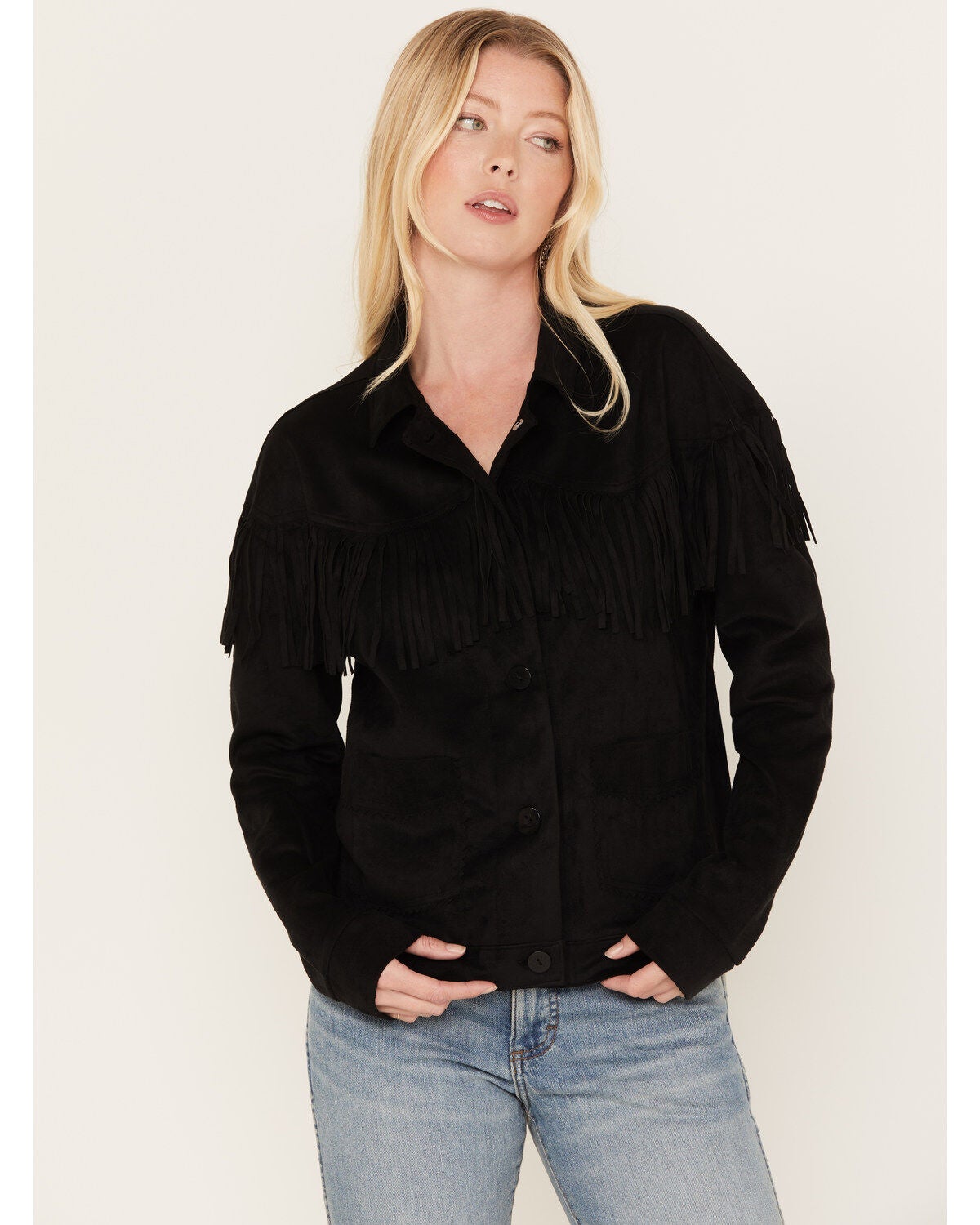 Cruel Girl Women's Faux Suede Fringe Shacket, Black, hi-res