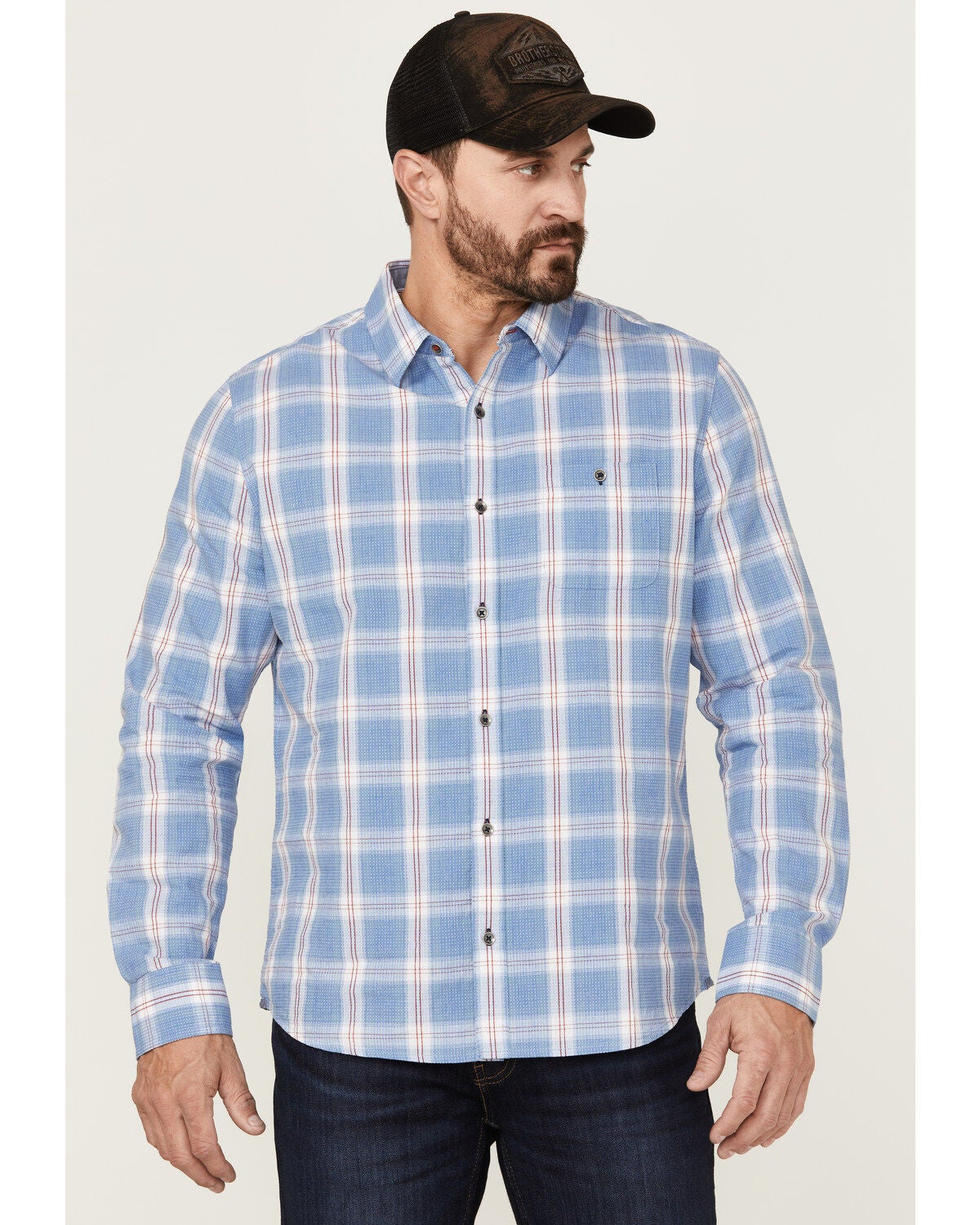 Flag & Anthem Men's Sanderson Dobby Plaid Long Sleeve Button Down Western Shirt, Blue, hi-res