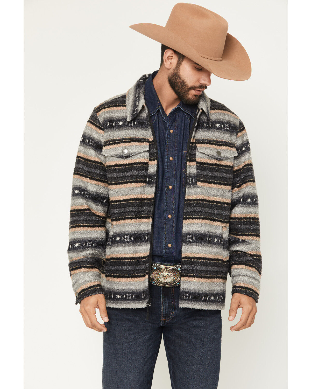 Image #1 - Panhandle Slim Men's Jicarilla Southwestern Print Berber Jacket, Grey, hi-res
