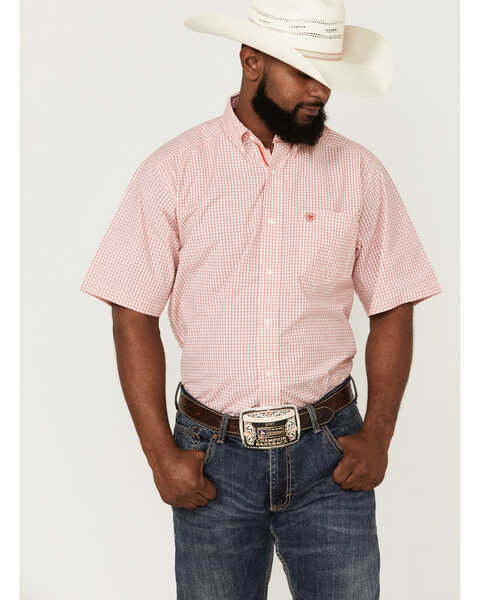 Ariat Men's Keith Check Plaid Short Sleeve Button-Down Western Shirt , Orange, hi-res