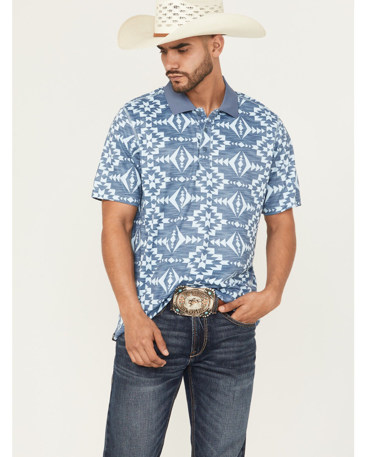 RANK 45&reg; Men's Stock Southwestern Print Short Sleeve Polo, Light Blue, hi-res