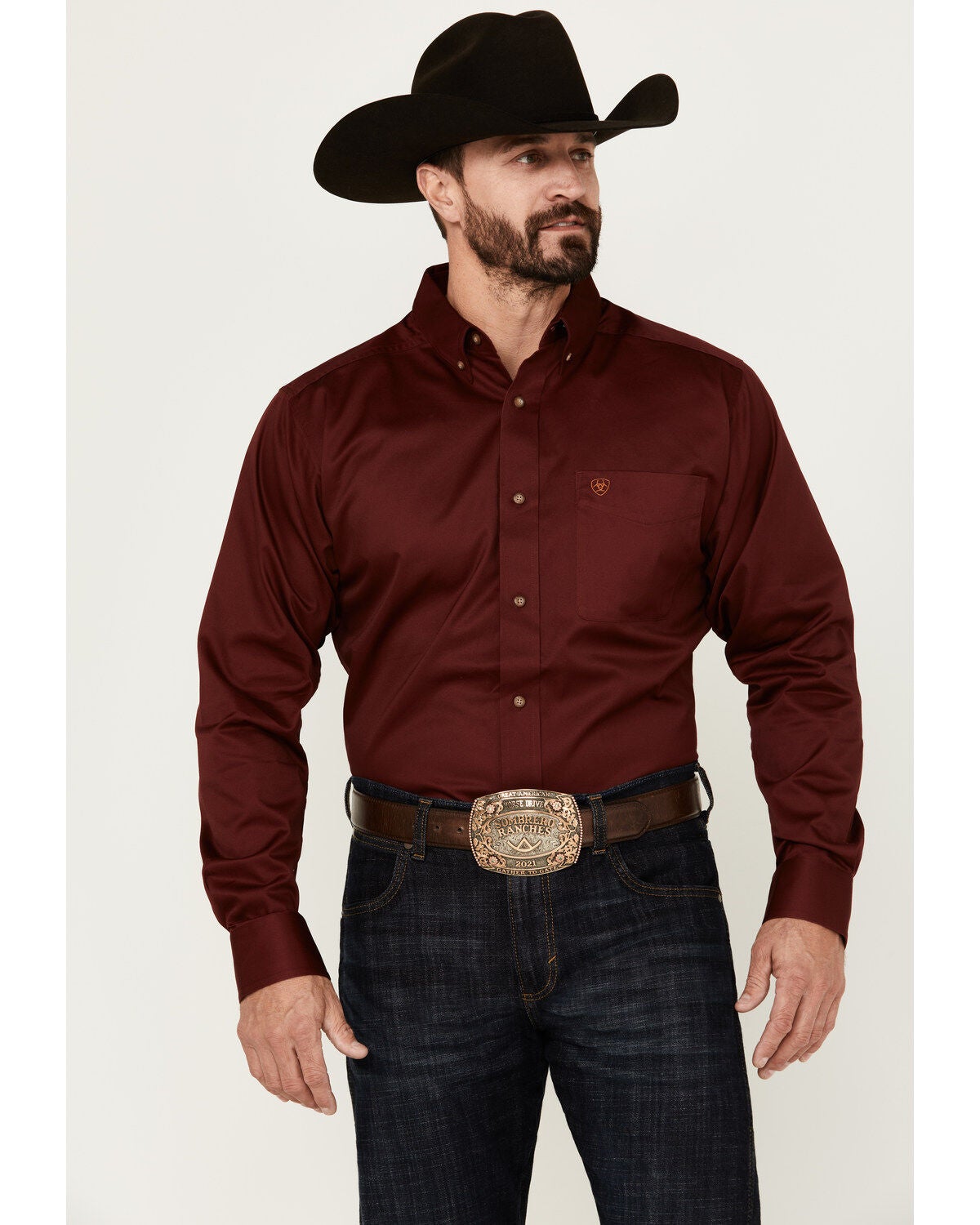 Ariat Men's Solid Twill Fitted Long Sleeve Button-Down Western Shirt, Burgundy, hi-res