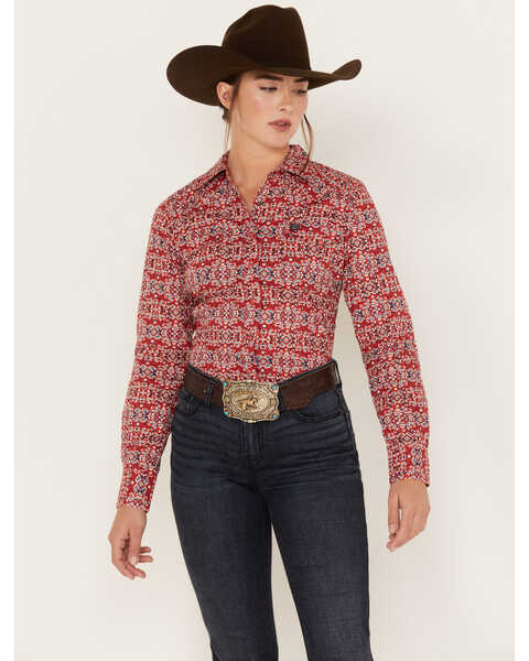 Cinch Women's Southwestern Print Long Sleeve Snap Western Shirt, Red, hi-res