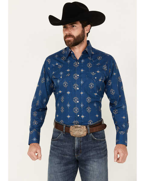 Ely Walker Men's Southwestern Print Long Sleeve Pearl Snap Western Shirt, Navy, hi-res