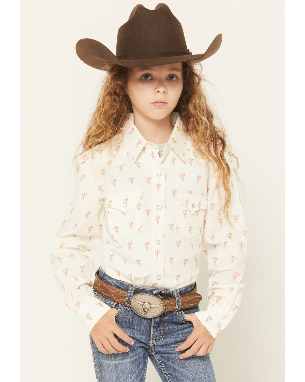 Image #1 - Panhandle Girls' Cactus Print Long Sleeve Pearl Snap Western Shirt, Cream, hi-res