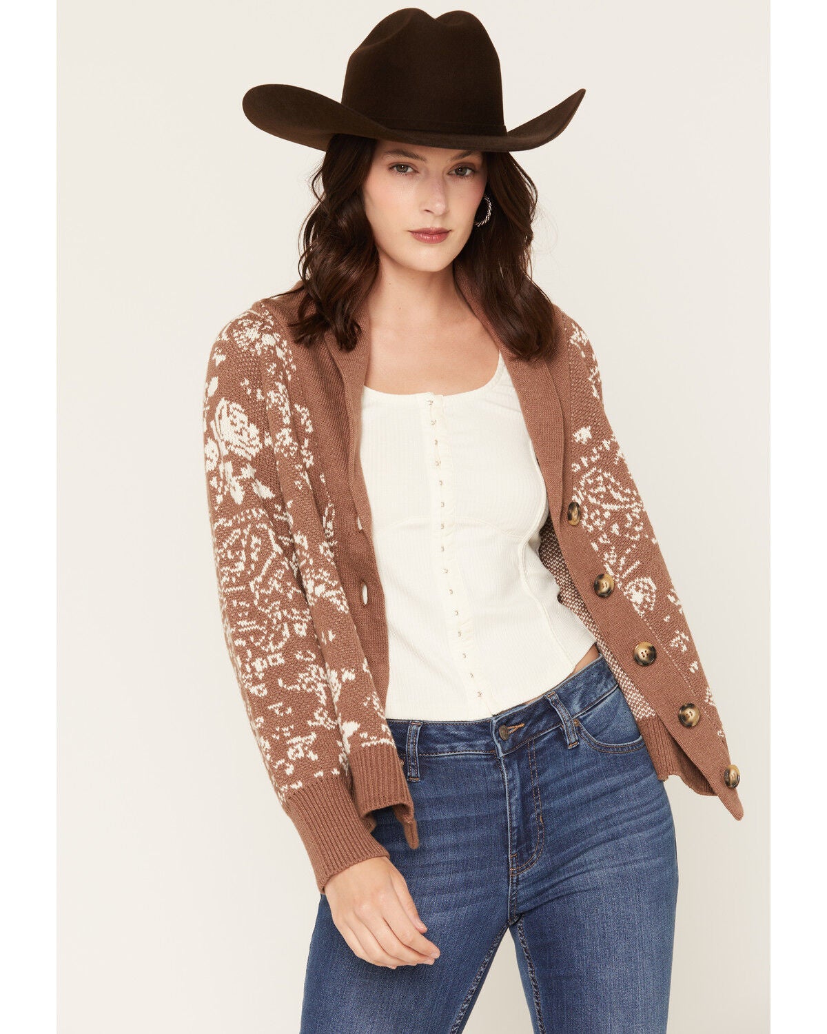 Originality Women's Bandana Print Cardigan, Brown, hi-res