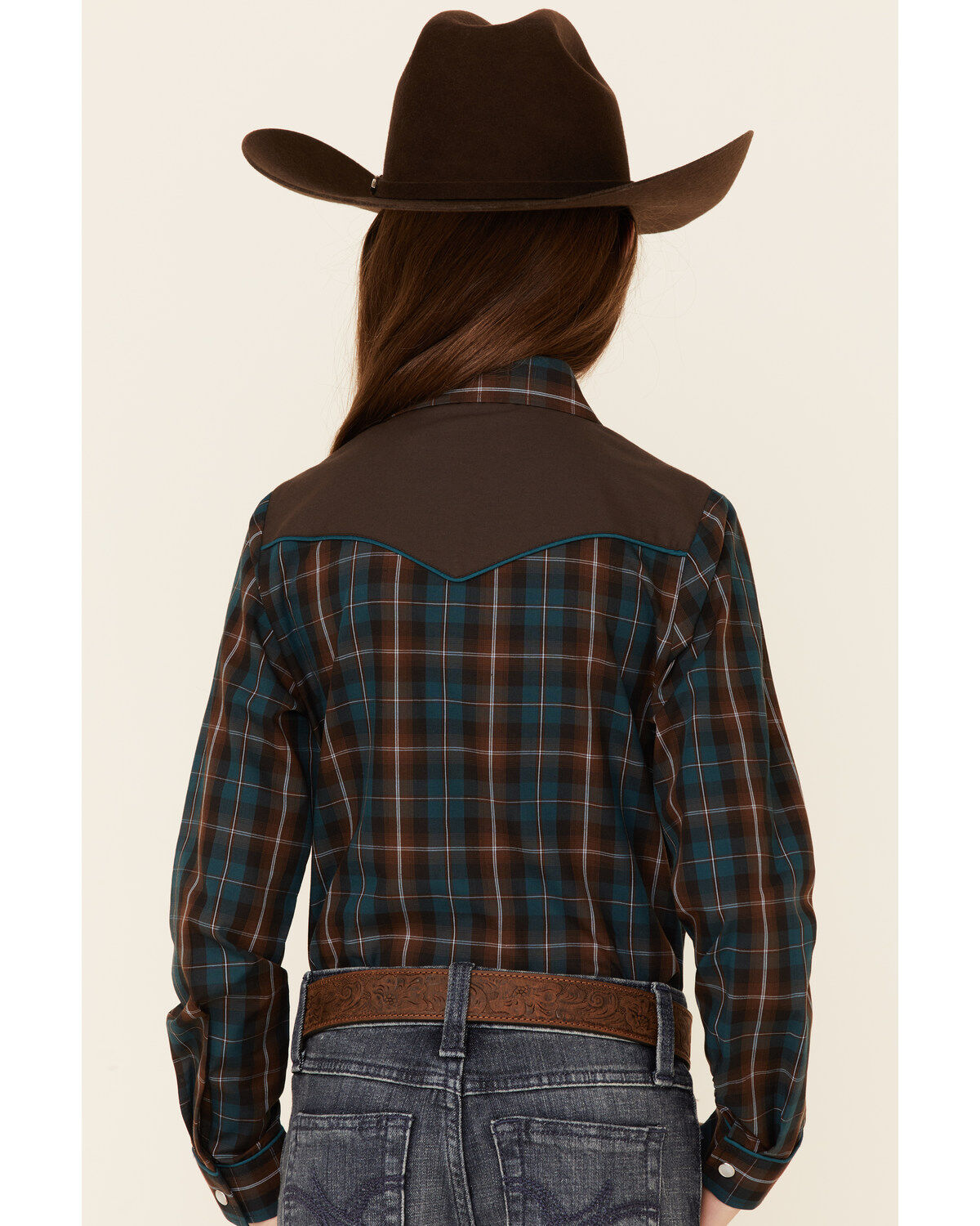 Image #4 - Roper Girls' Windowpane Plaid Print Fancy Yoke Long Sleeve Pearl Snap Western Shirt, Brown, hi-res