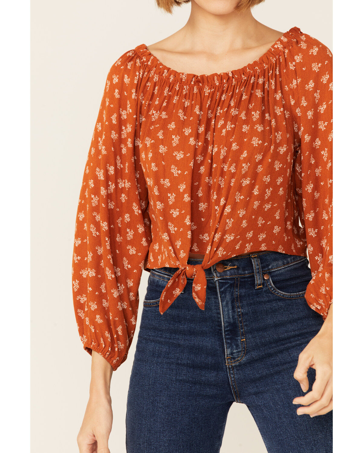 Image #2 - Wild Moss Women's Floral Off The Shoulder Tie-Front Top, Rust Copper, hi-res