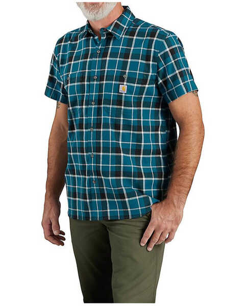 Carhartt Men's Rugged Flex Relaxed Fit Lightweight Plaid Print Short Sleeve Button-Down Stretch Work Shirt , Navy, hi-res