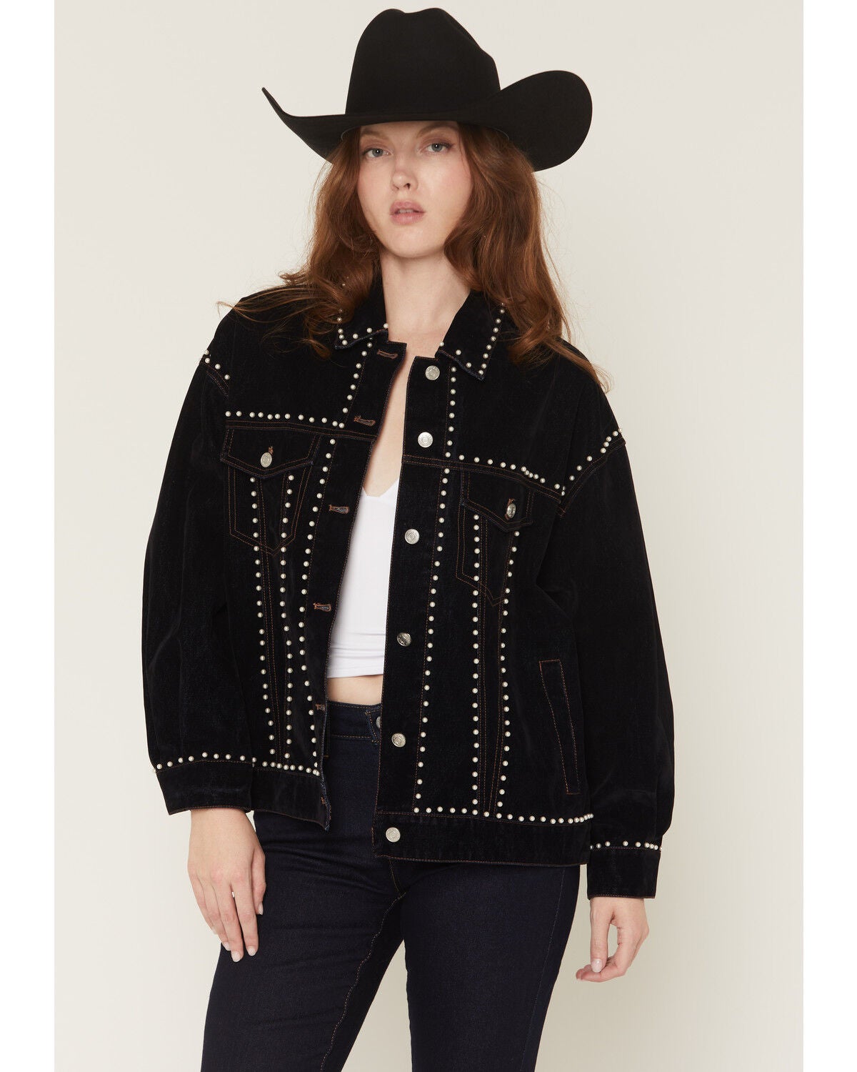 Image #1 - Azalea Wang Women's Dark Wash Pearl Studded Button-Down Denim Jacket, Dark Wash, hi-res