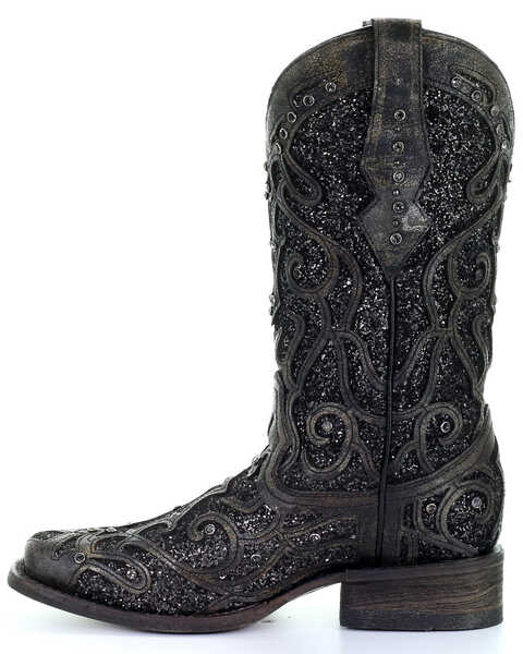 Image #3 - Corral Women's Black Glitter Inlay & Studs Western Boots - Square Toe, , hi-res
