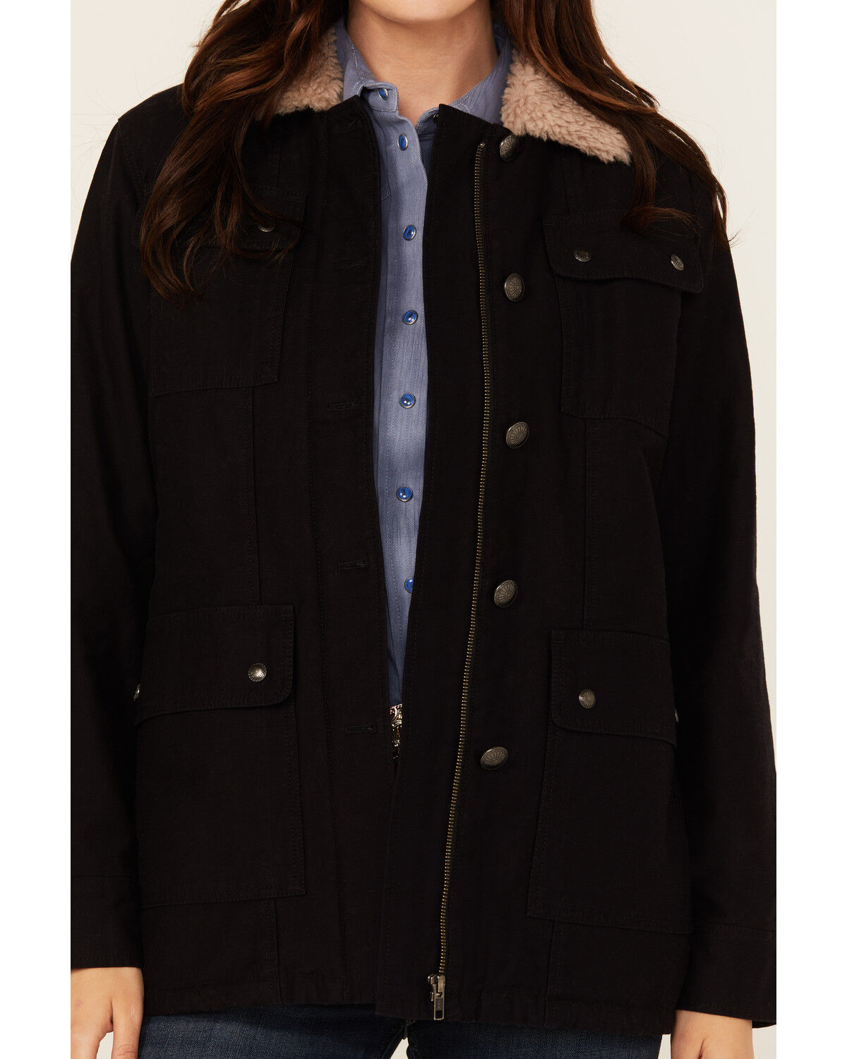 Image #3 - Shyanne Women's Canvas Sherpa Lined Button-Down Jacket, Black, hi-res