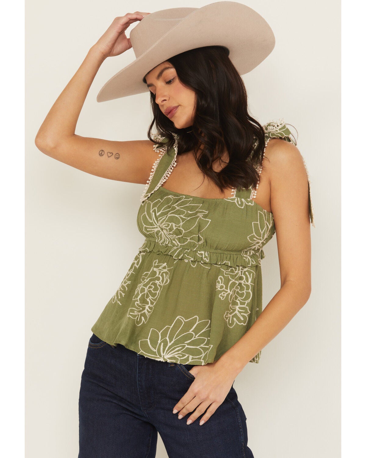 Wild Moss Women's Floral Embroidered Sleeveless Tie Strap Shirt, Olive, hi-res
