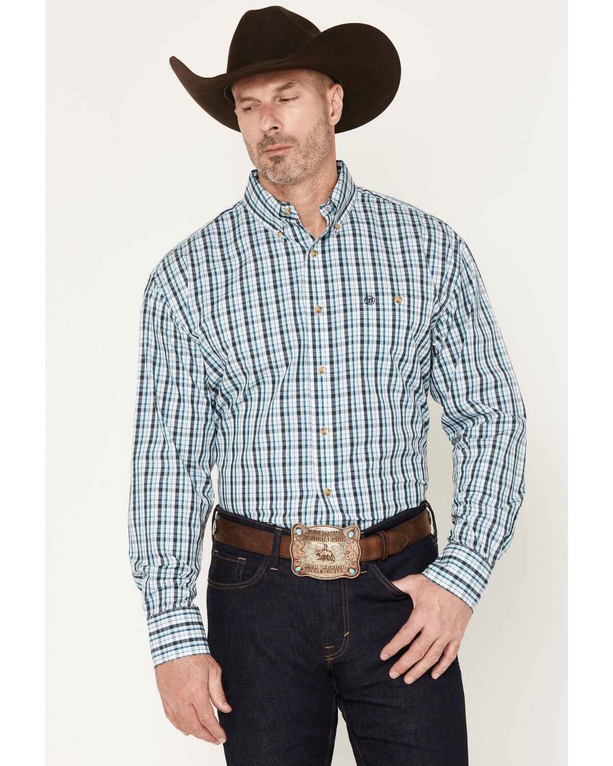 Image #1 - Wrangler Men's Plaid Print Long Sleeve Button-Down Western Shirt, Teal, hi-res