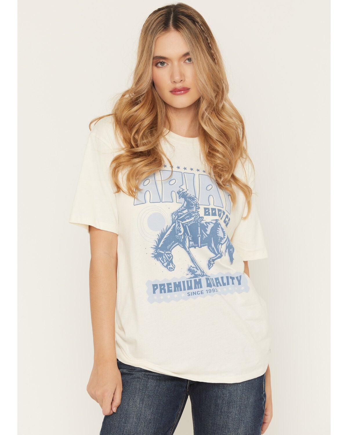 Ariat Women's Retro Bronco Boyfriend Fit Short Sleeve Graphic Tee, Natural, hi-res