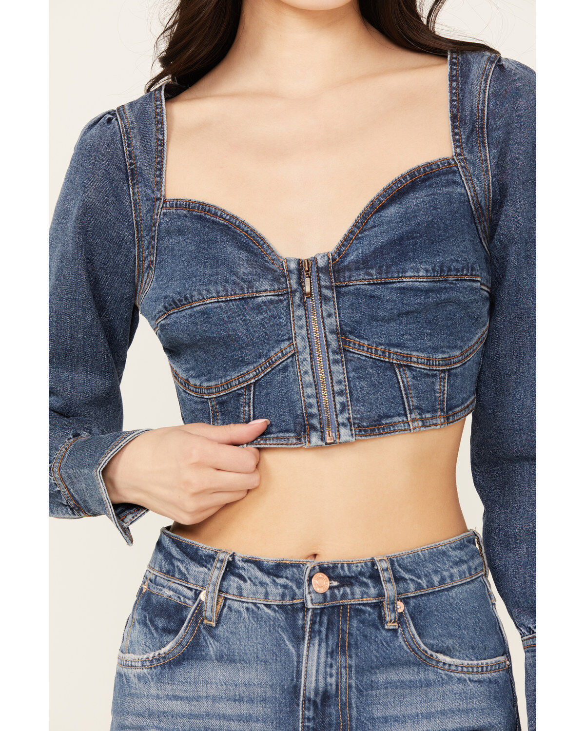 Image #4 - Shyanne Women's Medium Wash Denim Cropped Long Sleeve Corset Top, Dark Medium Wash, hi-res