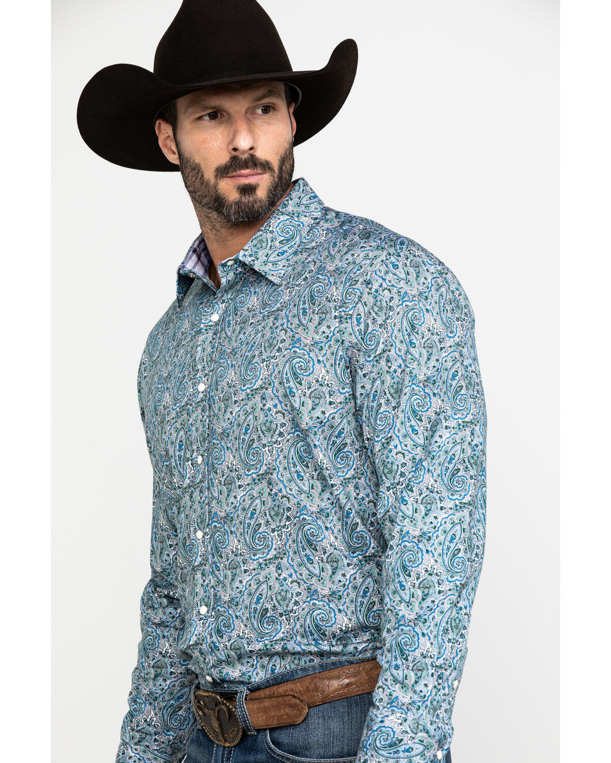 Image #3 - Scully Signature Soft Series Men's Turquoise Paisley Print Long Sleeve Western Shirt, , hi-res