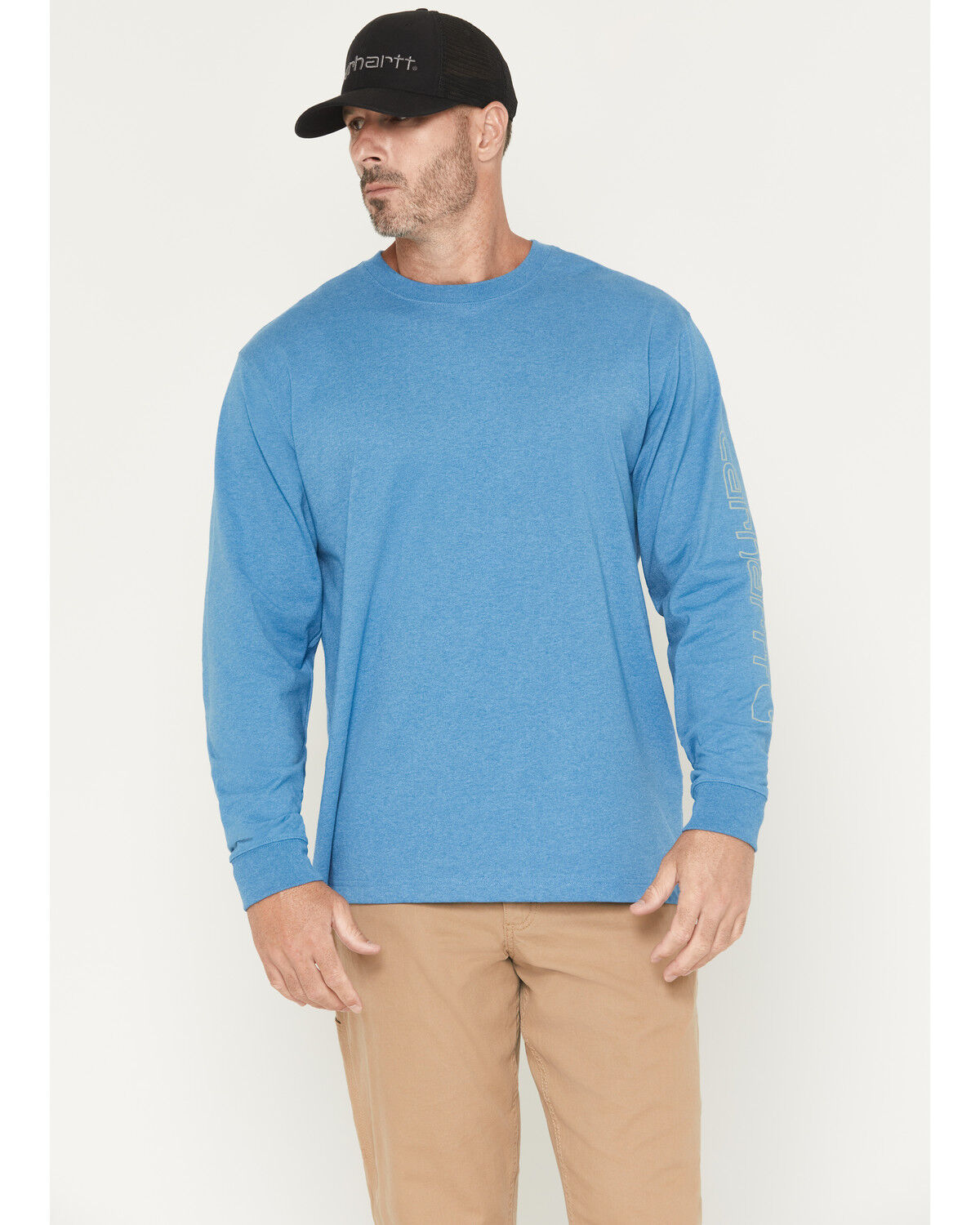 Image #1 - Carhartt Men's Loose Fit Heavyweight Long Sleeve Logo Graphic Work T-Shirt, Blue, hi-res