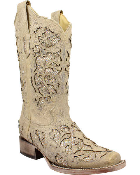 Corral Women's White Glitter & Crystals Western Boots - Square Toe, White, hi-res