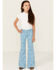 Image #1 - Panhandle Girls' Tooled Button Flare Stretch Denim Jeans, Blue, hi-res