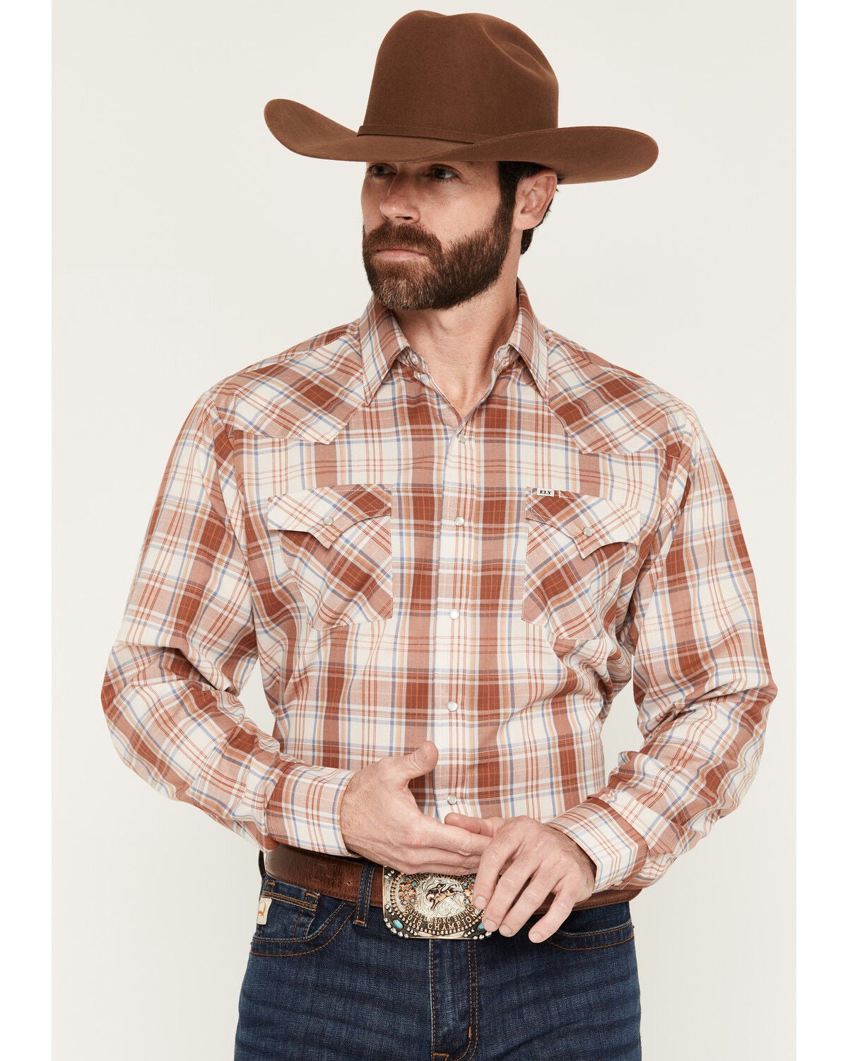 Ely Walker Men's Plaid Print Long Sleeve Pearl Snap Western Shirt, Rust Copper, hi-res
