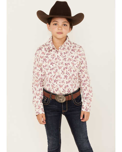Shyanne Girls' Floral Paisley Print Long Sleeve Western Pearl Snap Shirt, Ivory, hi-res