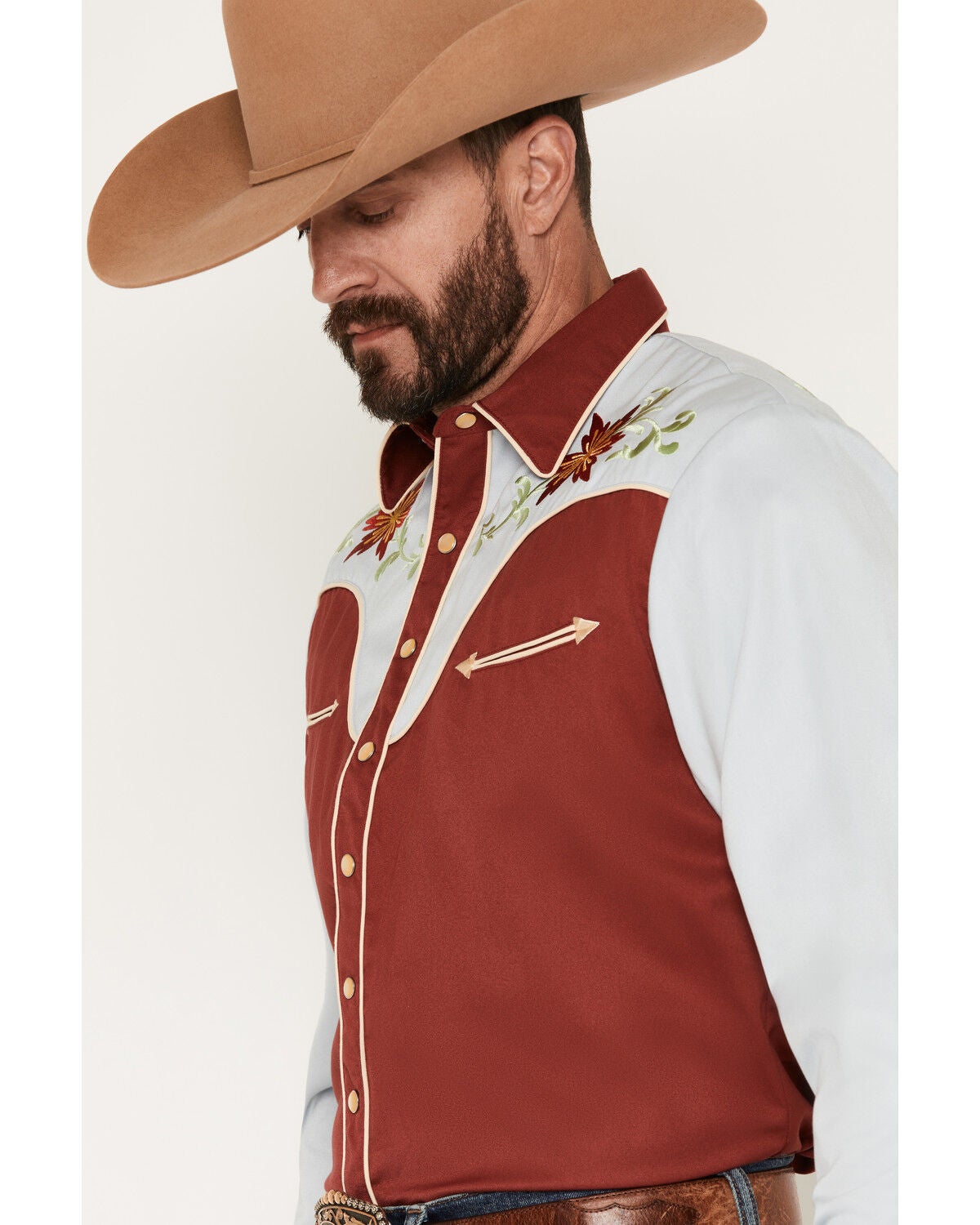 Image #2 - Scully Men's Floral Embroidered Long Sleeve Snap Western Shirt, Mauve, hi-res