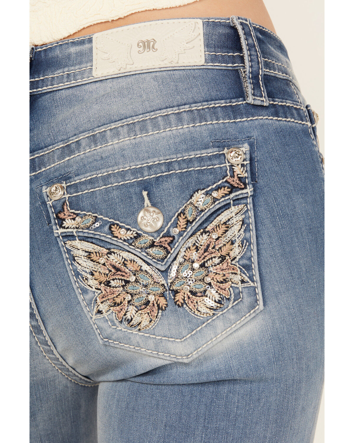 Image #2 - Miss Me Women's Light Wash Mid Rise Butterfly Pocket 32" Bootcut Stretch Denim Jeans, Light Wash, hi-res