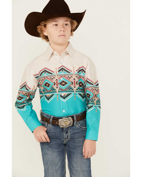 Panhandle Boys' Border Print Long Sleeve Pearl Snap Western Shirt, Tan, hi-res