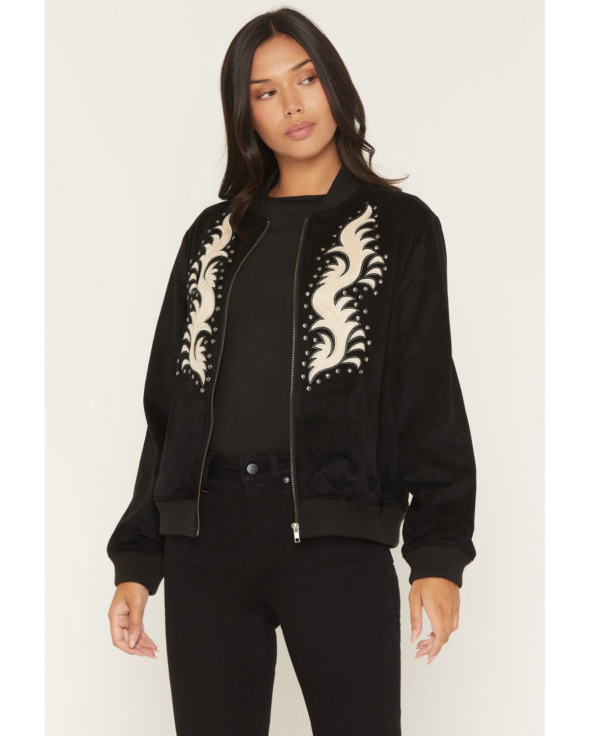 Rock & Roll Denim Women's Microsuede Studded Bomber Jacket, Black, hi-res