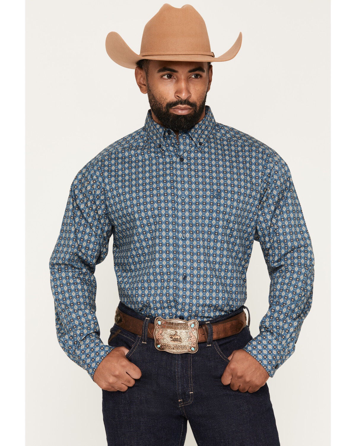 Ariat Men's Lex Geo Print Long Sleeve Button-Down Western Shirt, Blue, hi-res