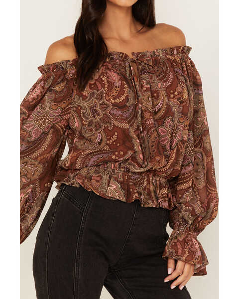 Image #3 - Flying Tomato Women's Paisley Print Off The Shoulder Top, Rust Copper, hi-res