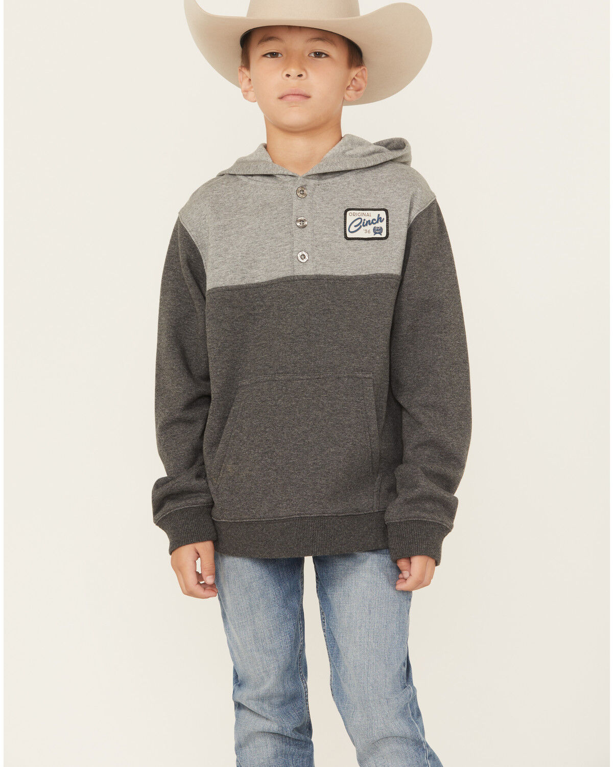 Image #1 - Cinch Boys' 1/4 Button-Down Hooded Pullover, Charcoal, hi-res