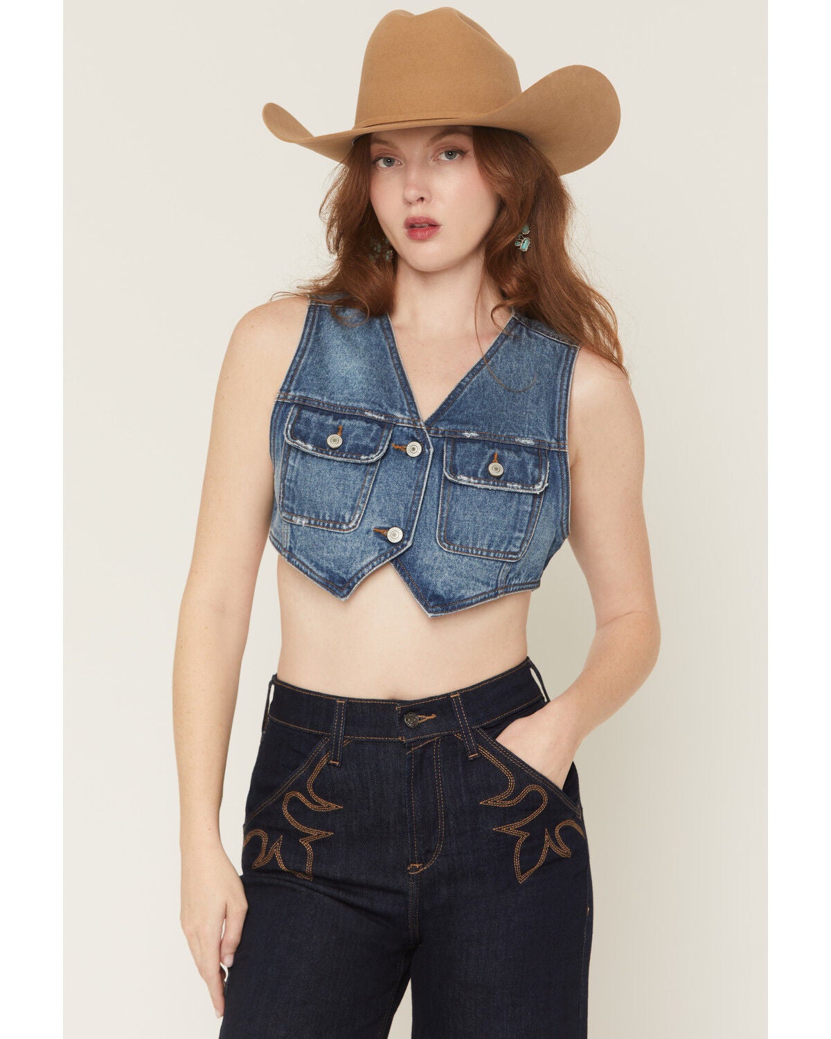 Ashley Women's Medium Wash Cropped Denim Vest, Medium Wash, hi-res