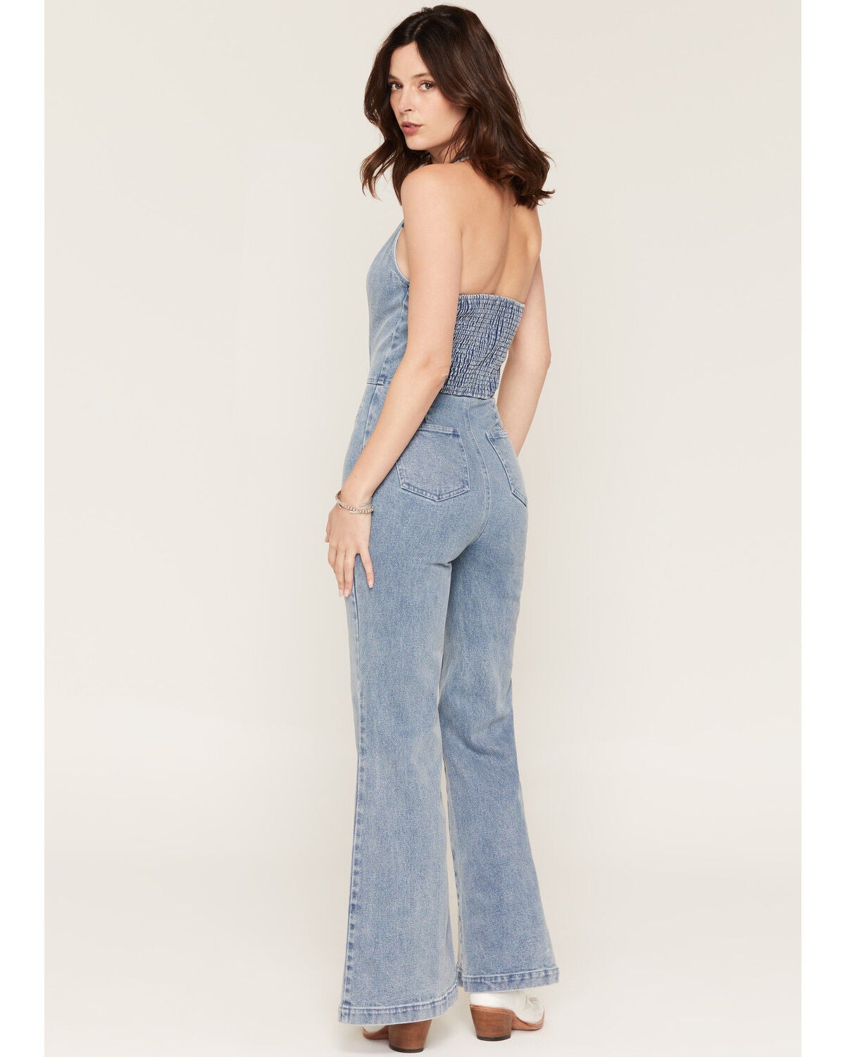 Image #4 - Flying Tomato Women's Light Wash Halter Denim Jumpsuit, Light Wash, hi-res