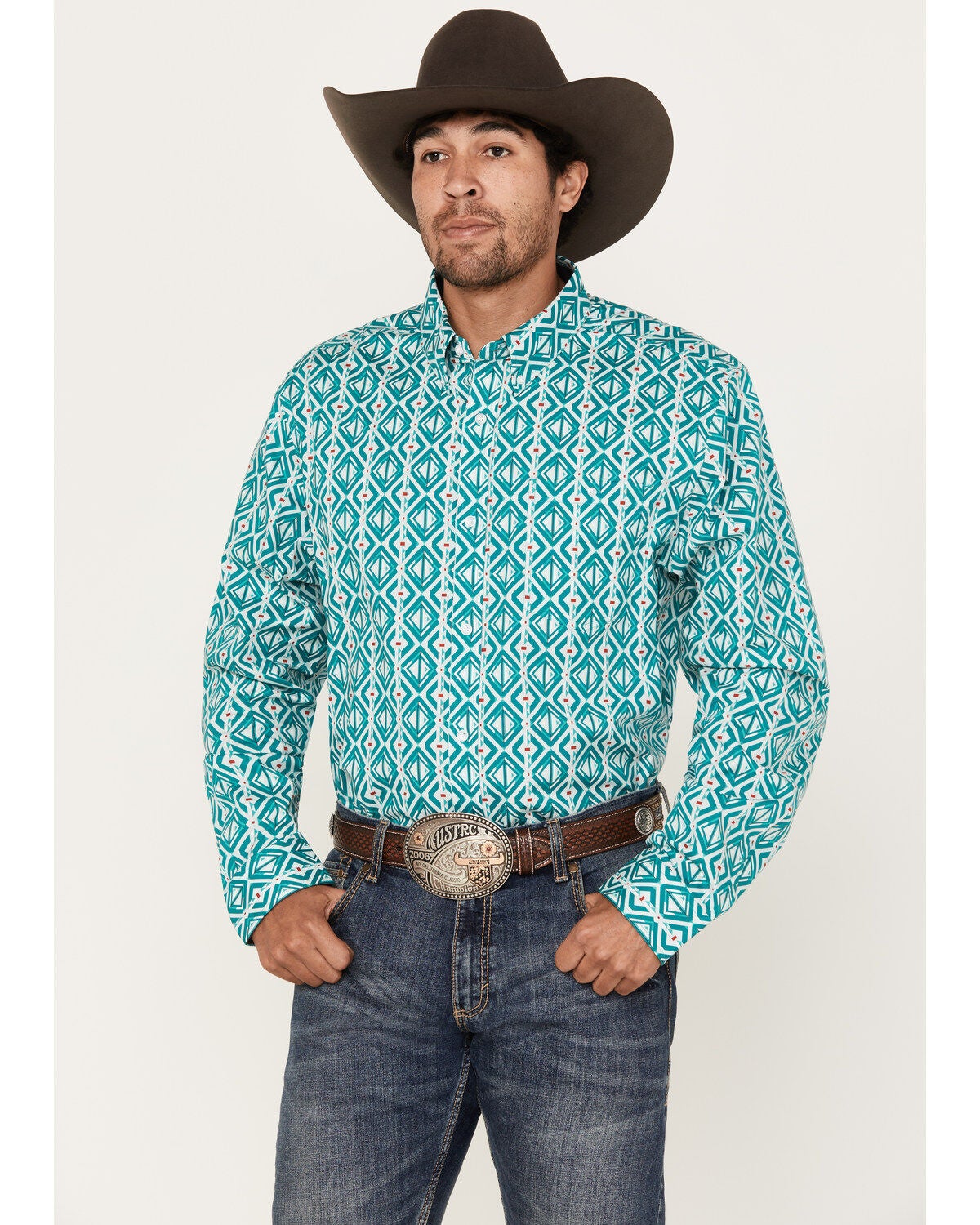 RANK 45&reg; Men's Fearless Geo Long Sleeve Button-Down Western Shirt, Green, hi-res
