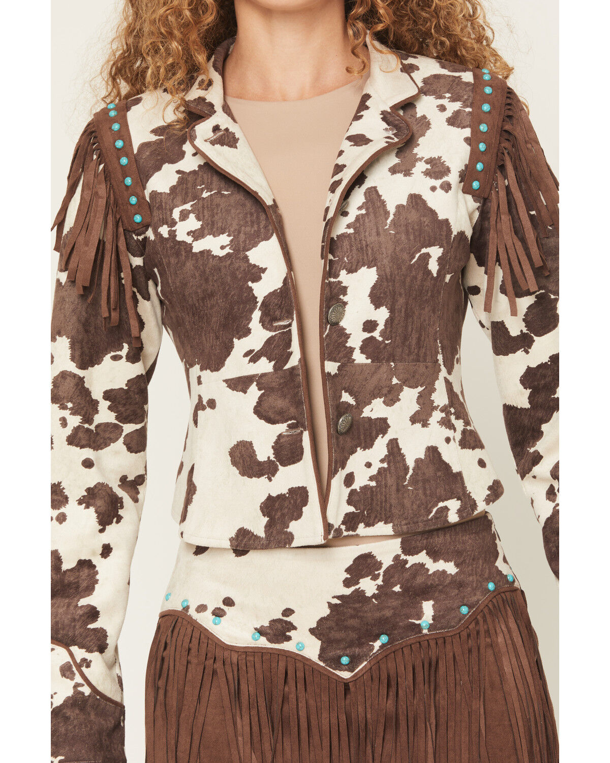 Image #3 - Shyanne Women's Porter Cow Print Faux Suede Embellished Fringe Moto Jacket, Brown, hi-res