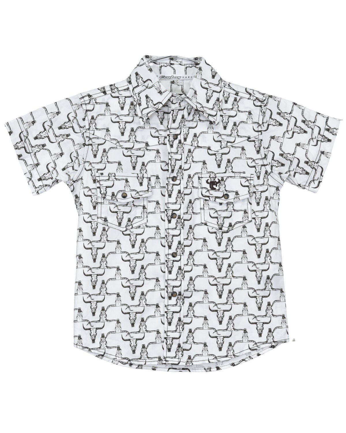 Cowboy Hardware Toddler Boys' Cow Skull Print Short Sleeve Snap Stretch Western Shirt, White, hi-res